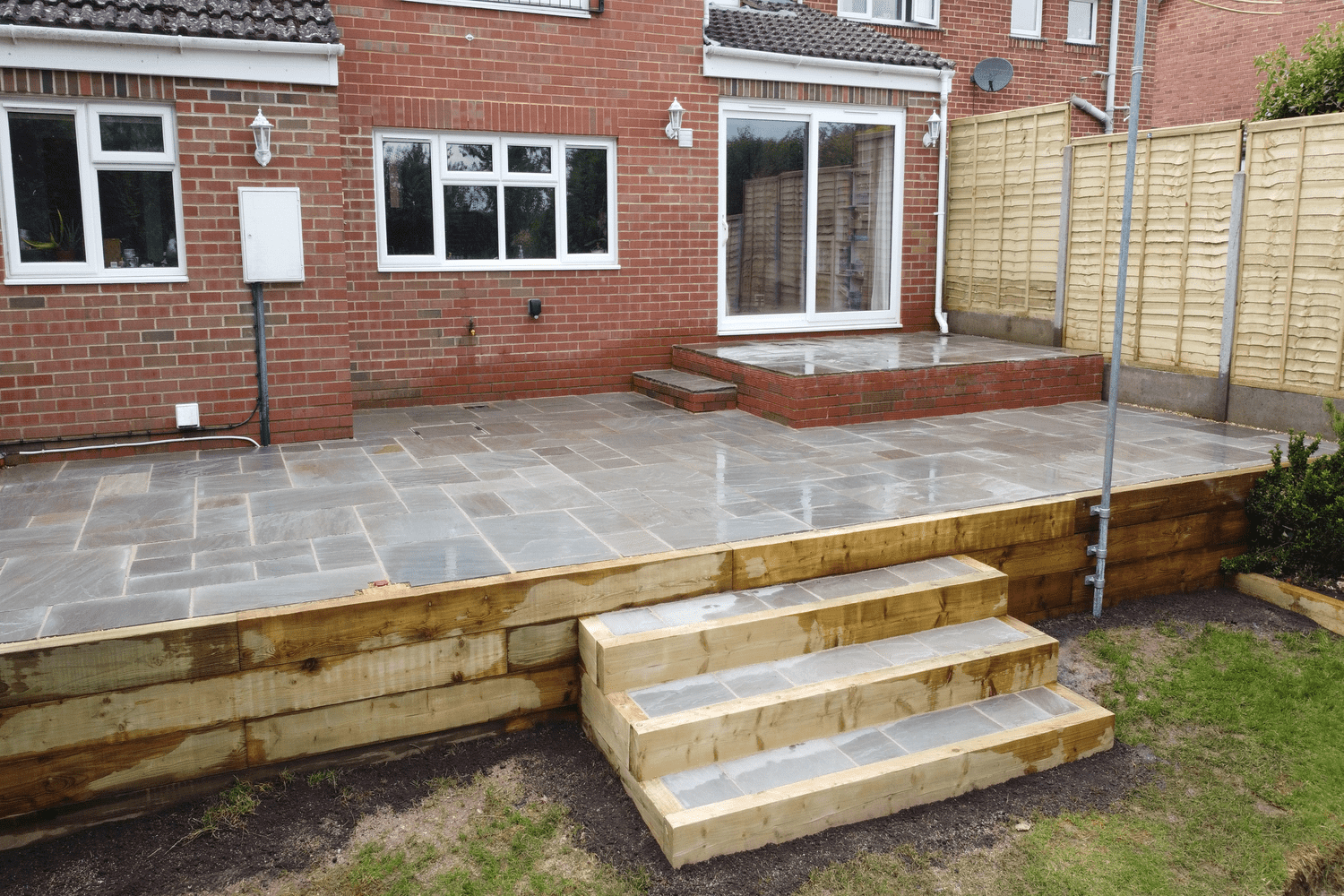 Sleeper steps and retaining wall