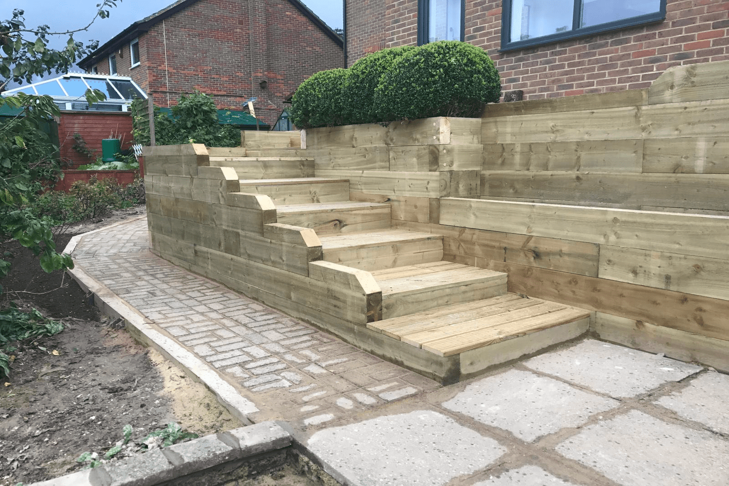 Timber steps with sleeper retaining walls